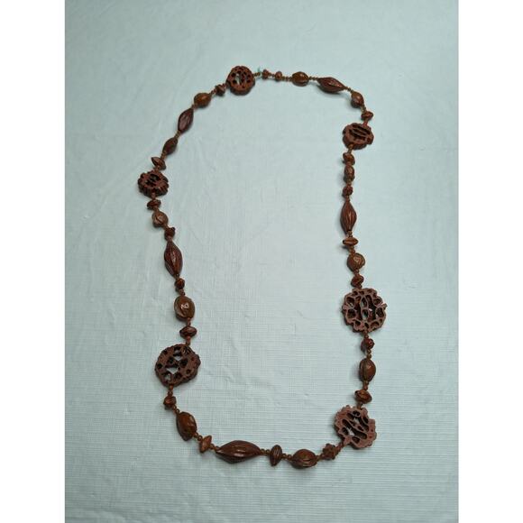 Vintage Mid Century Single Strand Wooden Bead Necklace Brown Art to Wear - Picture 3 of 4